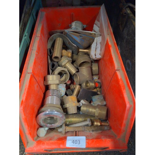 403 - Quantity of boat fittings Inc brass fixings, lights, pulleys, pipes, vents Etc + 10 x wooden cleats&... 