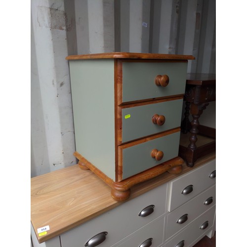 414 - 3 drawer pine bedside. W 43.5cm x depth 42.5cm x height 58cmFarrow & Ball paint