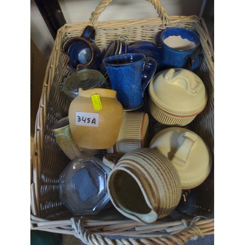 345A - Wicker basket and box of assorted items inc stoneware,glass storage jars, baking tins,  a Mason Cash... 