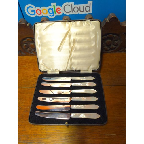 481 - Three boxes of plated flatware inc. MOP handles together with 4 Royal Doulton crystal wine glasses, ... 