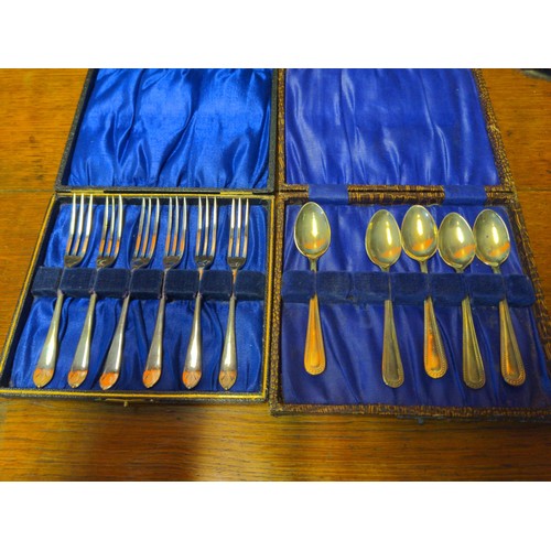 481 - Three boxes of plated flatware inc. MOP handles together with 4 Royal Doulton crystal wine glasses, ... 