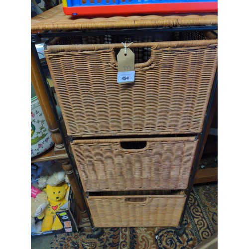 494 - 3 drawer wicker unit on wheels. 40.5cm x 36cm deep x 86cm high.