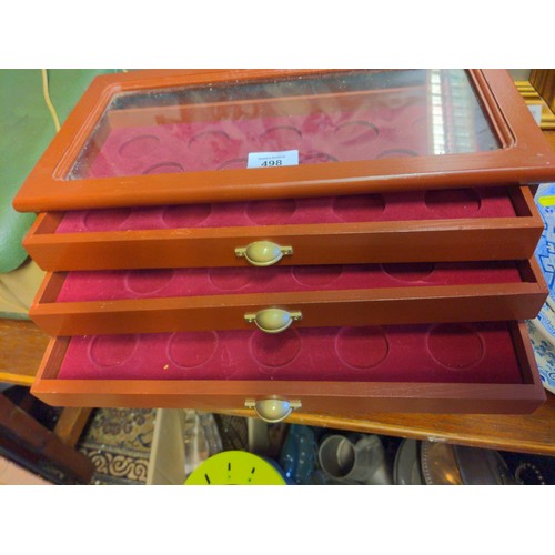 498 - 2 x coin collectors three drawer chests with clear perspex tops W38 x D19.5 x H12.5