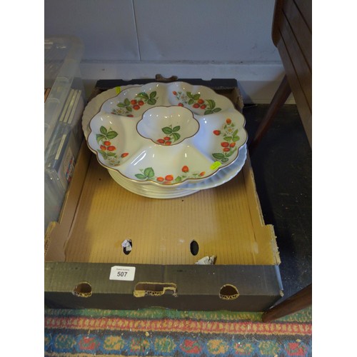 507 - Large white dinner plates, a platter and a Royal Worcester Strawberries hors d'oevres dish