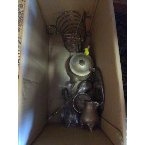 511 - Silver plated items in box inc. tray, toast rack etc.