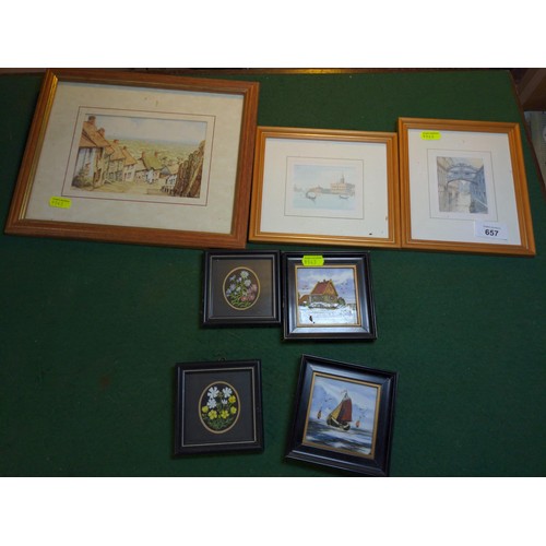 657 - 2 small framed hand painted tiles plus other small pictures