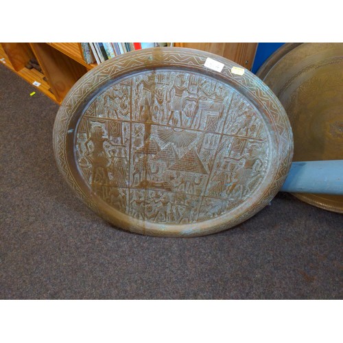 681A - Large brass tray with Egyptian figures, diameter 60 cms