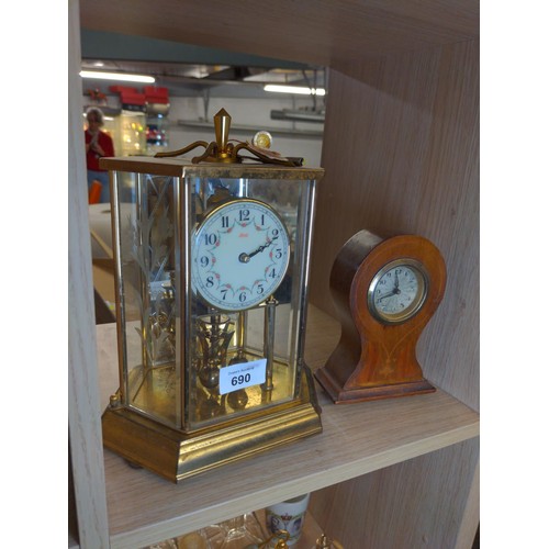 690 - Kundo glass cased brass carriage clock & a small wood framed mantle clock