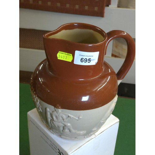 695 - Stoneware jug, with designs in relief inc huntsman, fox & hounds, ht 20cms