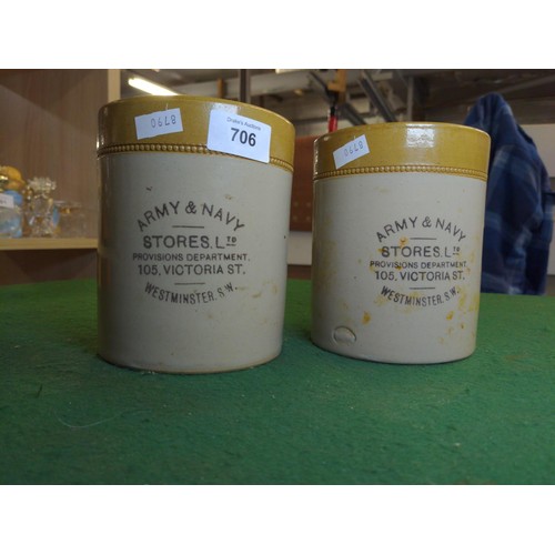 706 - 2 stoneware lidded jars , both marked Army & Navy Stores Ltd, ht 15cms