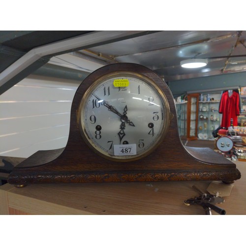 986 - Enfield Admirals mantle clock wooden with brass feet and decorated plinth. H 22 L 43cm key and appea... 