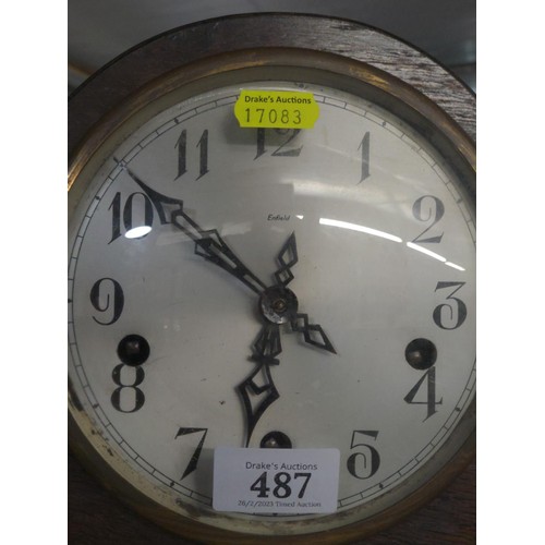 986 - Enfield Admirals mantle clock wooden with brass feet and decorated plinth. H 22 L 43cm key and appea... 