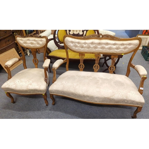 1104 - Salon sofa and armchair on castors. Sprung seated in cream fabric. Sofa 126cm wide x 50cm deep x 96c... 