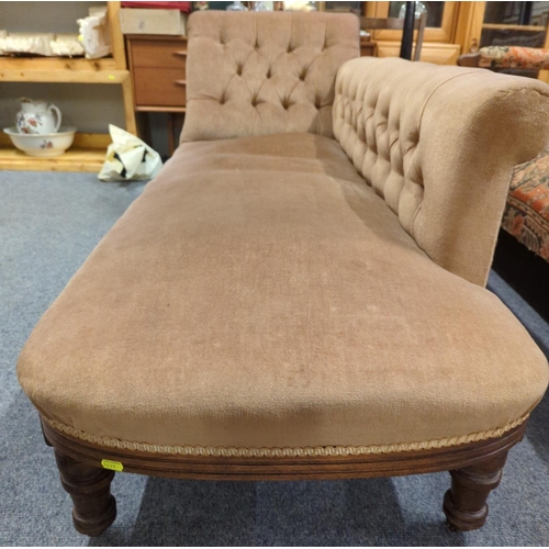 1106 - 19C Chaise with button design to back and side rest, in camel coloured upholstery with four original... 