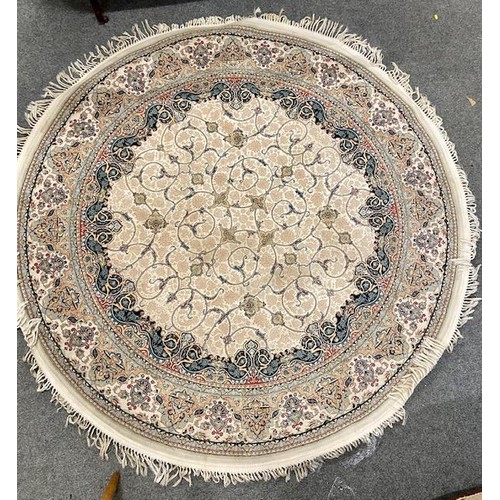 1230 - Finely woven Irani circular rug in shades of cream, blush and pale blue, diameter 2.5m