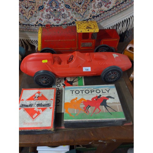 729 - Vintage Monopoly, Totoploy, Tri Ang Express Locomotive & vintage plastic racing car.