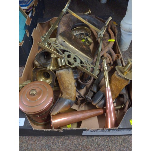 735 - Various collectables inc. copper hunting horns, stag's foot, candle sticks, brass ware etc.