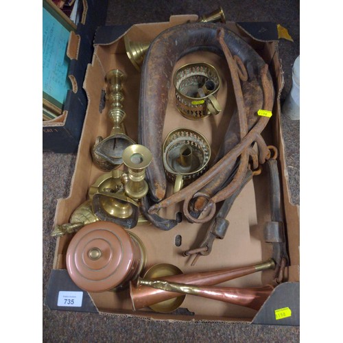 735 - Various collectables inc. copper hunting horns, stag's foot, candle sticks, brass ware etc.