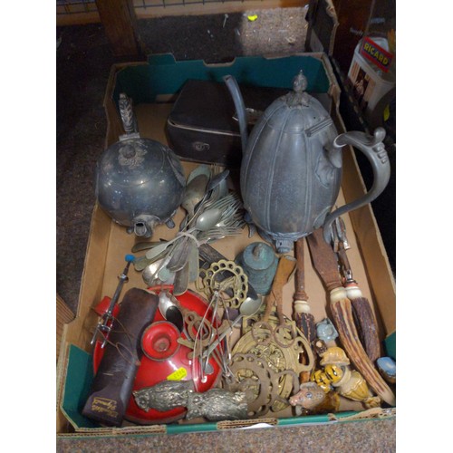 736 - Flatware, pewter, horse brasses, antique spectacles etc.