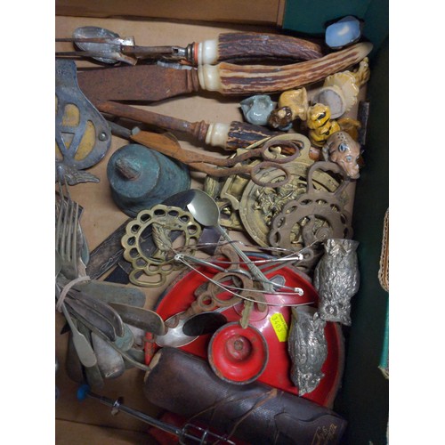 736 - Flatware, pewter, horse brasses, antique spectacles etc.