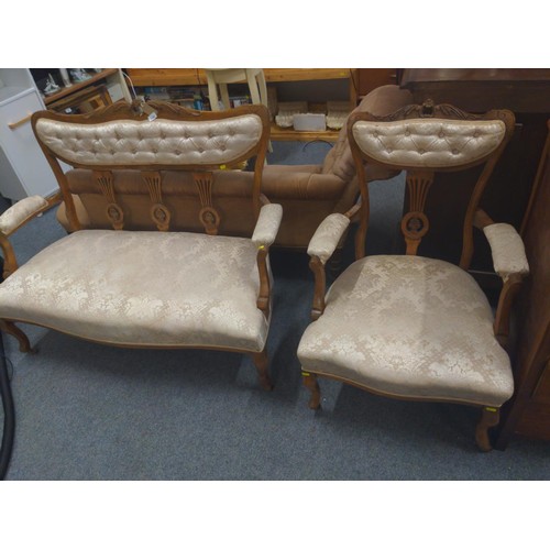 1104 - Salon sofa and armchair on castors. Sprung seated in cream fabric. Sofa 126cm wide x 50cm deep x 96c... 