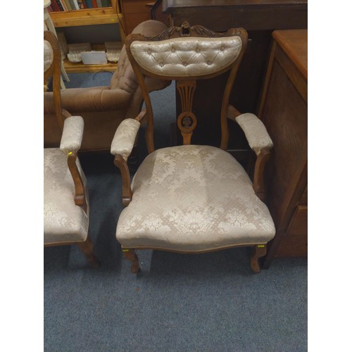 1104 - Salon sofa and armchair on castors. Sprung seated in cream fabric. Sofa 126cm wide x 50cm deep x 96c... 