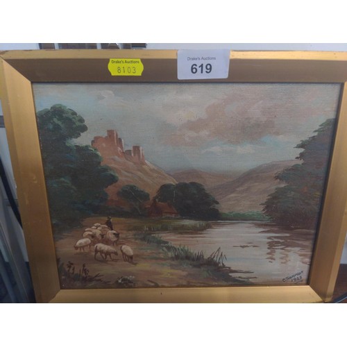 619 - C Thompson- Oil on canvas of sheep by a river. Signed bottom right and dated 1923. 28.5 x 23.5cm fra... 