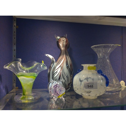 948 - 5 pieces of studio glass inc. Murano style cat and pig