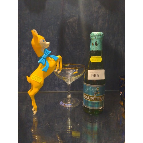 965 - Babycham items including mascot, glass and a vintage bottle with contents