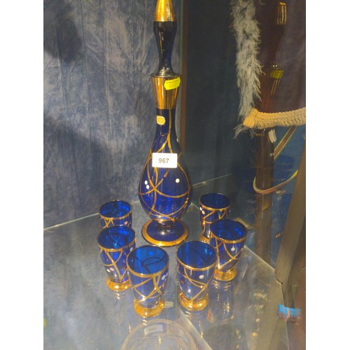 967 - Bohemia blue & gold, glass decanter and 6 glasses.