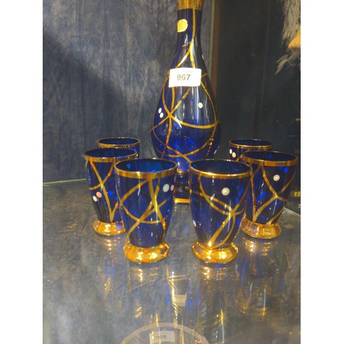 967 - Bohemia blue & gold, glass decanter and 6 glasses.