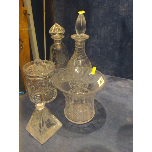 968 - 5 pieces of cut glass inc, etched pieces and decanters etc.