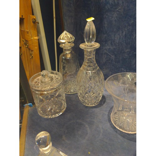 968 - 5 pieces of cut glass inc, etched pieces and decanters etc.