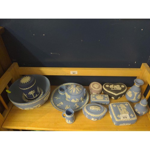 978 - Shelf of various Wedgwood Jasper wear. 