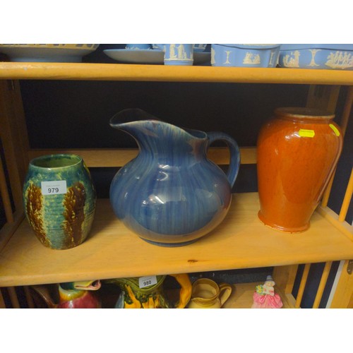 979 - 3 pieces of studio pottery inc. large blue glazed jug