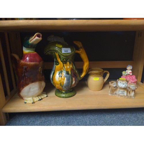 980 - Assorted ceramics on shelf inc. Royal Doulton lady