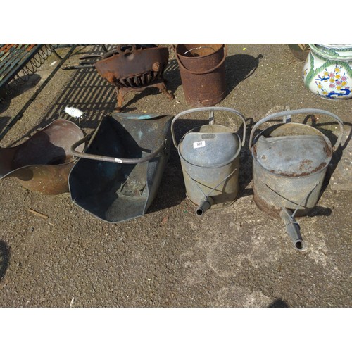 107 - 2x 1/2 Gallon galvanised watering cans together with 2 coal scuttles