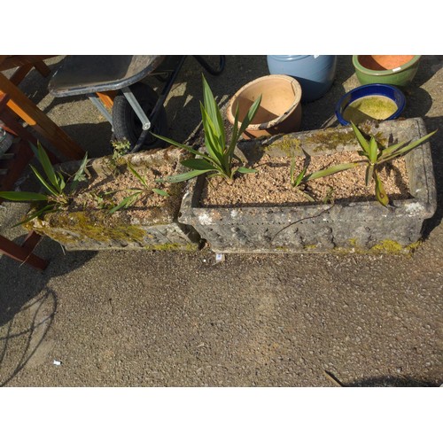 109 - Pair of concrete trough planters with contents. W74cm D36cm H28cm