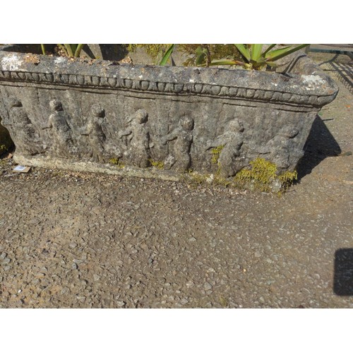 109 - Pair of concrete trough planters with contents. W74cm D36cm H28cm