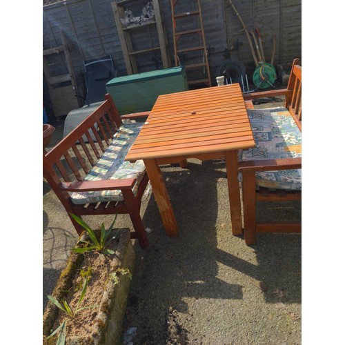 110 - Garden seating set: 2 benches with soft cushions, together with table & low table. Benches W128c... 