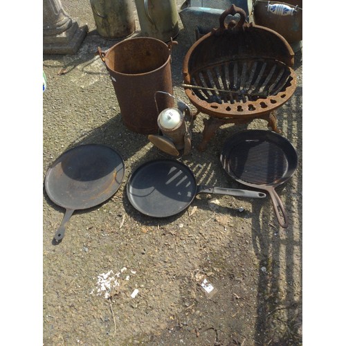 114 - 3 cast skillets, fire basket etc.