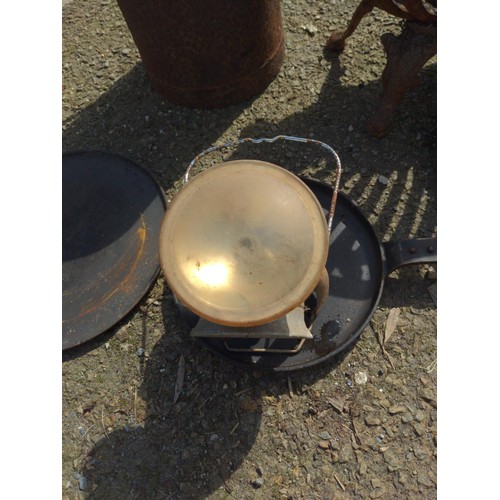 114 - 3 cast skillets, fire basket etc.