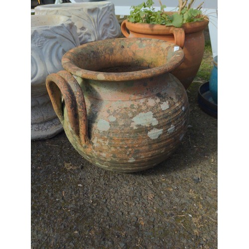 126 - 3x large terracotta pots, 1 with contents. Tallest H35cm