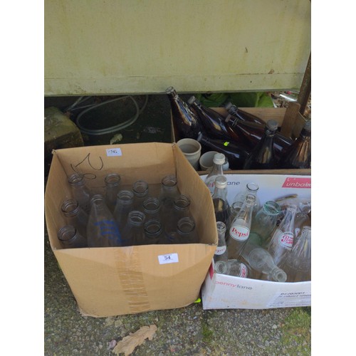 54 - 3 boxes of branded and vintage bottles inc Pepsi Cola & sticklepath farm milk bottles