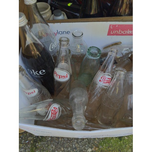 54 - 3 boxes of branded and vintage bottles inc Pepsi Cola & sticklepath farm milk bottles