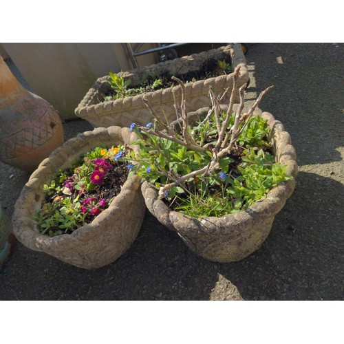 94 - 3x stone composite basket style planters, with contents