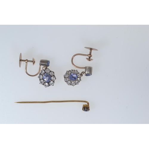 566 - Pair of yellow metal, sapphire & white stone cluster earrings, screw back fittings, gross weight... 