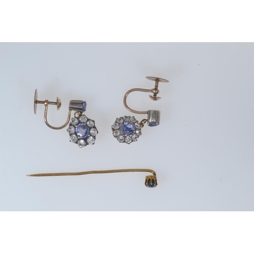 566 - Pair of yellow metal, sapphire & white stone cluster earrings, screw back fittings, gross weight... 