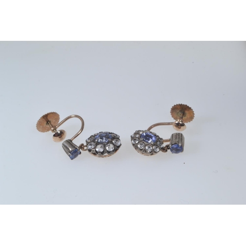 566 - Pair of yellow metal, sapphire & white stone cluster earrings, screw back fittings, gross weight... 