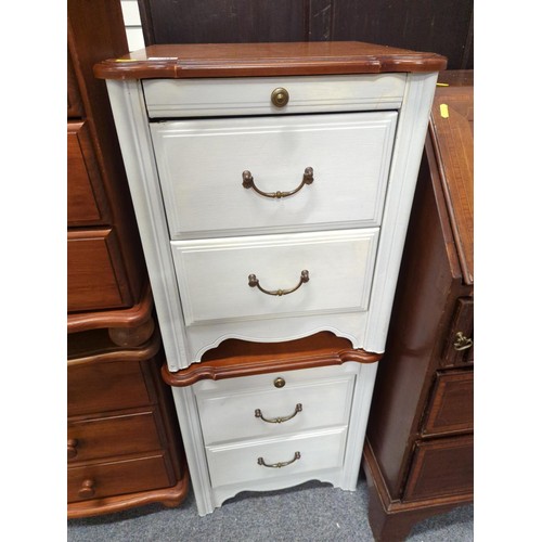 691 - 2 x painted 2 drawer bedside units with leather topped pull-out book rests. 49cm wide x 452cm deep x... 